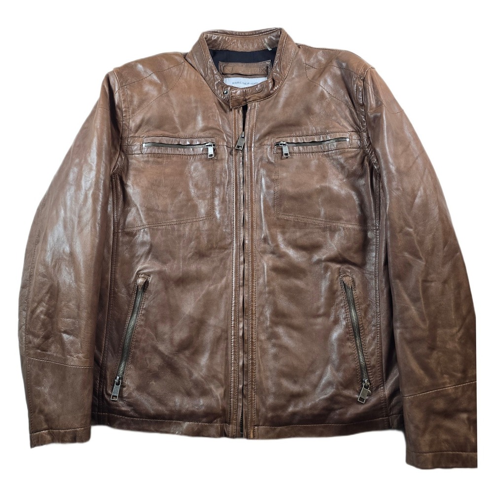Marc New York Leather Jacket Mens 2XL Brown Moto Cafe Racer Andrew Marc Soft!